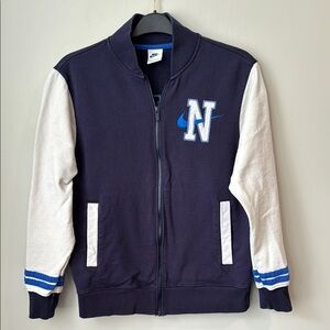 Nike Navy and White Varsity Jacket - size medium